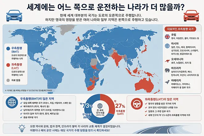 세계지도에서 우측통행과 좌측통행 국가를 구분하고 세계 각국의 자동차 주행 방향을 비교한 이미지