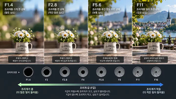 F1.4부터 F11까지 조리개 값에 따른 배경 흐림과 사진 심도의 변화를 꽃 사진으로 비교한 이미지