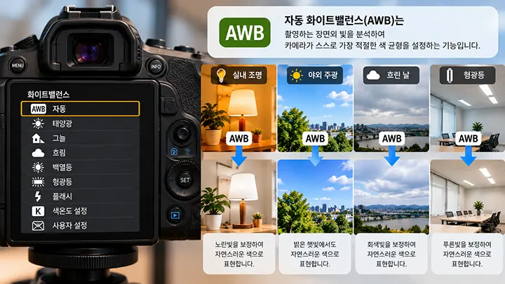 카메라의 자동 화이트밸런스 AWB 설정과 실내 조명, 야외 주광, 흐린 날, 형광등에서의 색 보정을 설명한 이미지