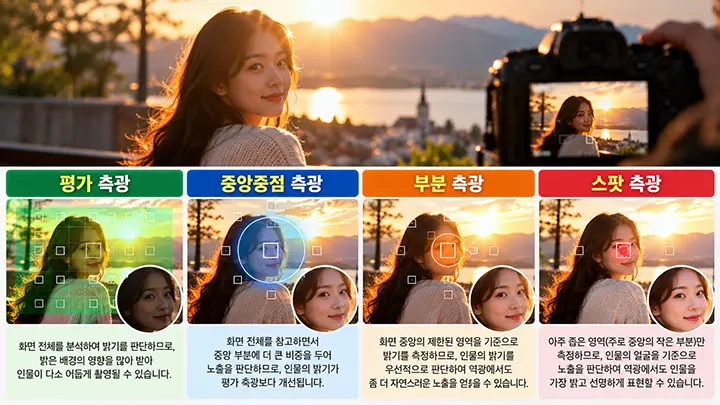역광 인물 촬영에서 평가 측광, 중앙중점 측광, 부분 측광, 스팟 측광에 따른 노출 차이를 비교한 이미지