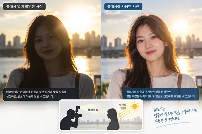 역광에서 플래시 없이 촬영한 인물과 필 플래시를 사용해 얼굴을 밝게 촬영한 인물 비교