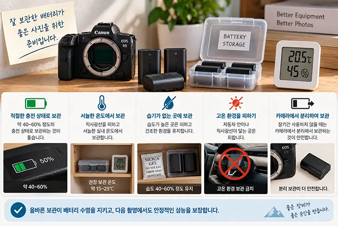카메라 배터리를 장기간 보관할 때 적절한 충전 상태와 온도, 습도, 고온 환경 회피 및 배터리 분리 보관 방법을 설명하는 이미지