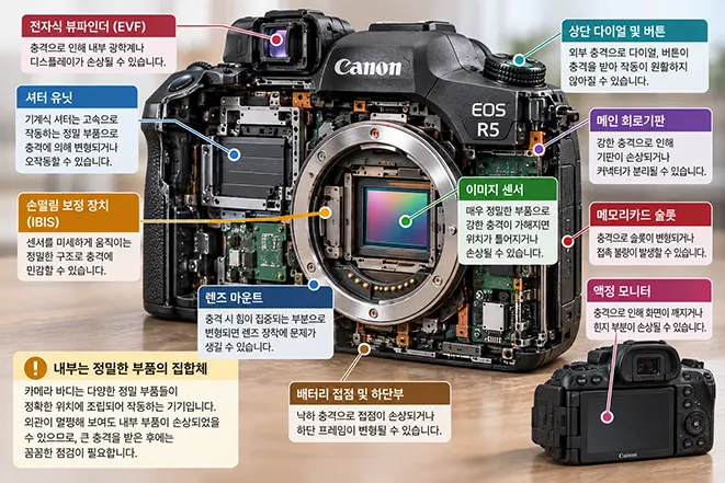 미러리스 카메라 바디 내부의 이미지 센서, IBIS, 셔터, 회로기판, 렌즈 마운트 등 충격에 민감한 부품
