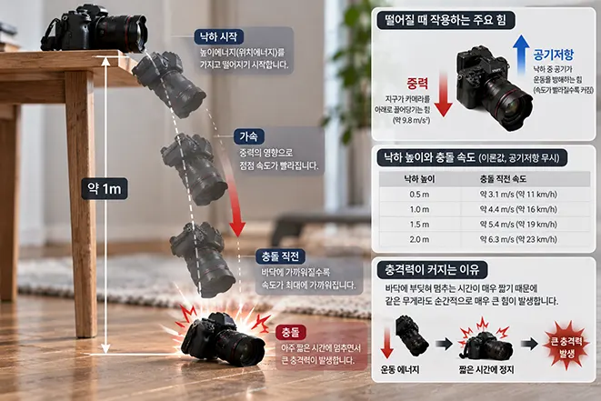 약 1m 높이에서 카메라가 떨어질 때 중력과 가속으로 충돌 속도가 증가하고 바닥에서 충격력이 발생하는 원리