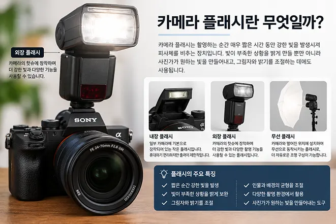 미러리스 카메라와 외장 플래시, 내장 플래시, 무선 플래시의 종류와 특징을 설명하는 이미지