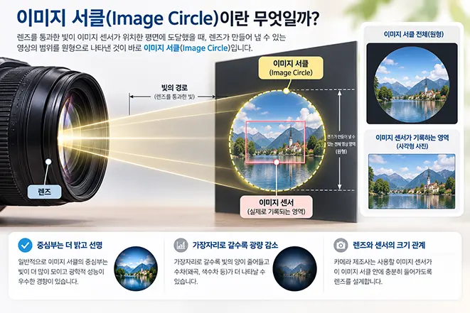 카메라 렌즈가 만드는 원형 이미지 서클과 그 안에 위치한 사각형 이미지 센서의 관계를 설명하는 이미지