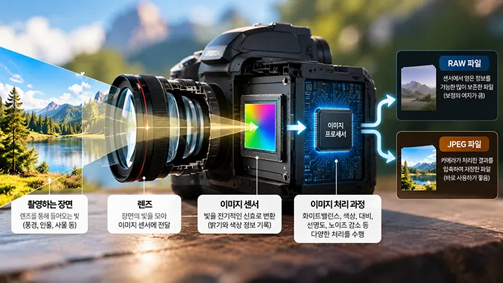 카메라 렌즈로 들어온 빛이 이미지 센서와 이미지 프로세서를 거쳐 RAW와 JPEG 파일로 저장되는 과정