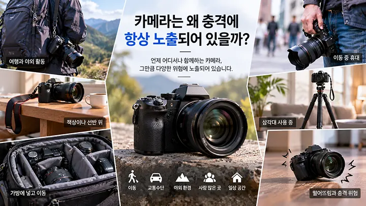 여행, 이동, 삼각대 사용, 가방 보관 등 카메라가 일상에서 다양한 충격 위험에 노출되는 상황