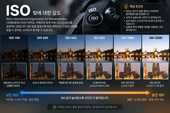 ISO 100부터 ISO 3200까지 감도 변화에 따른 사진 밝기와 노이즈 차이를 비교한 이미지