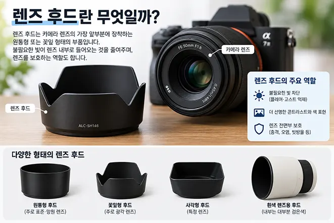 미러리스 카메라 렌즈 후드의 기본 구조와 원통형, 꽃잎형, 사각형, 흰색 렌즈용 후드 종류를 설명하는 이미지