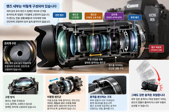 카메라 렌즈 내부의 여러 렌즈군과 조리개, 경통, 마운트 및 충격을 분산하는 구조