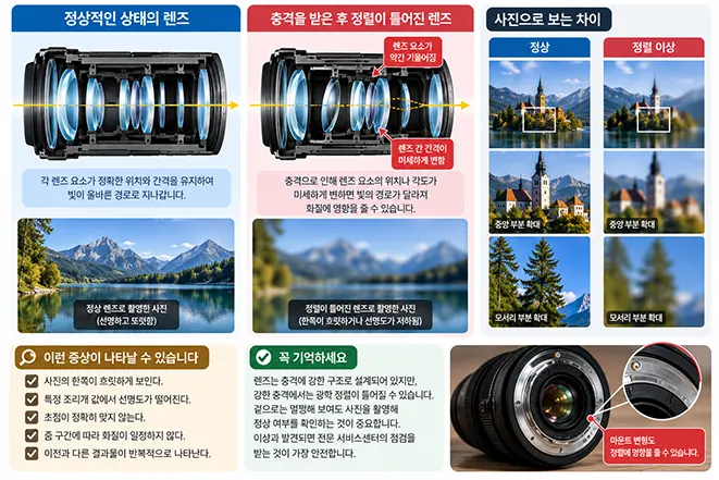 정상적인 카메라 렌즈와 충격으로 광학 정렬이 틀어진 렌즈의 내부 구조 및 촬영 결과 비교