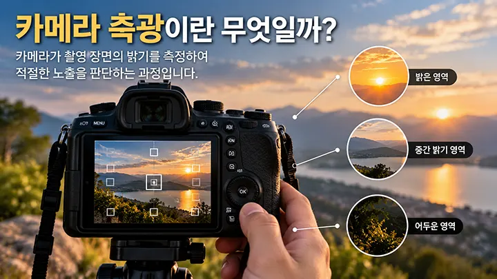 카메라가 촬영 장면의 밝은 영역, 중간 밝기 영역, 어두운 영역을 측정하여 적절한 노출을 판단하는 측광 원리