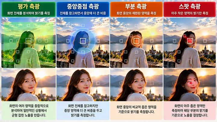 동일한 인물 촬영 장면에서 평가 측광, 중앙중점 측광, 부분 측광, 스팟 측광의 측광 영역과 차이를 비교한 이미지