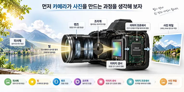 피사체에서 반사된 빛이 카메라 렌즈와 조리개를 지나 이미지 센서에 도달하고 사진 파일로 저장되는 과정