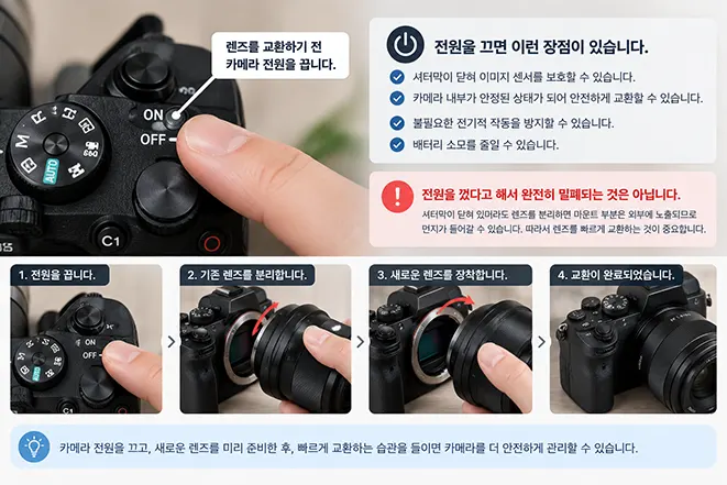 미러리스 카메라의 전원을 끈 후 기존 렌즈를 분리하고 새로운 렌즈를 장착하는 안전한 렌즈 교환 방법