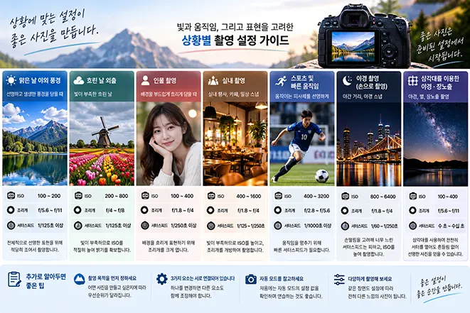 야외 풍경 인물 실내 스포츠 야경 등 촬영 상황별 ISO 조리개 셔터스피드 출발 설정을 정리한 이미지