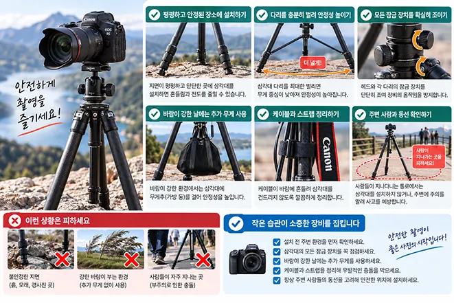 카메라 삼각대를 안전하게 설치하기 위한 다리 간격, 잠금 장치, 무게추, 스트랩 정리와 주변 환경 확인 방법