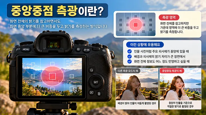 화면 전체의 밝기를 참고하면서 중앙 영역에 더 큰 비중을 두어 노출을 판단하는 카메라 중앙중점 측광 방식