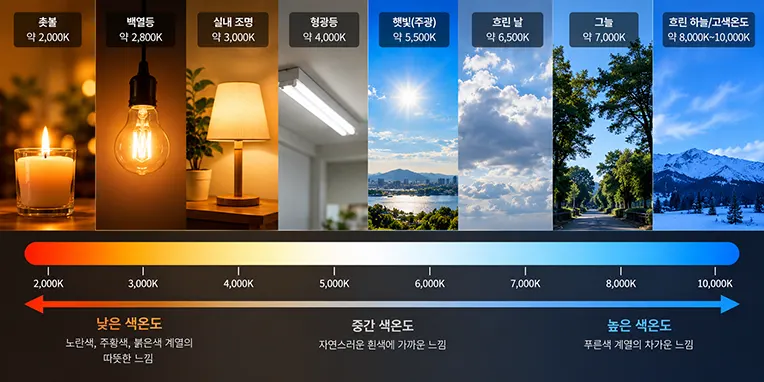 촛불 2000K부터 주광 5500K, 흐린 날과 그늘 7000K 이상까지 광원별 색온도를 비교한 이미지
