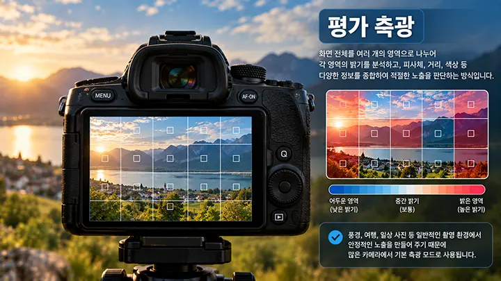 카메라가 화면 전체를 여러 영역으로 나누어 밝기를 분석하고 적절한 노출을 판단하는 평가 측광 방식