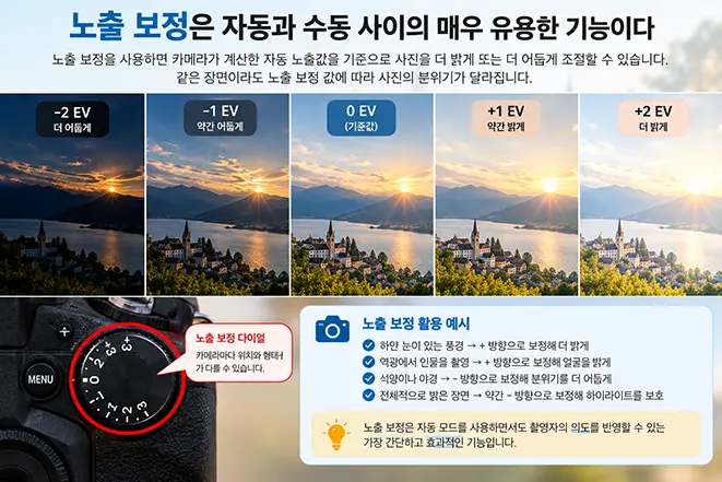 노출 보정 -2EV부터 +2EV까지 같은 풍경의 밝기 변화와 카메라 노출 보정 다이얼을 비교한 이미지