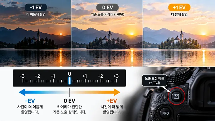 같은 풍경을 -1 EV, 0 EV, +1 EV로 비교하여 노출 보정에 따른 사진 밝기 변화와 카메라 노출 보정 버튼을 보여주는 이미지