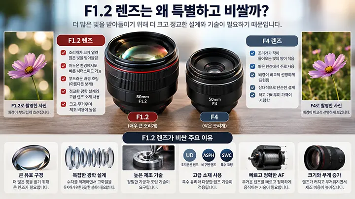 F1.2 렌즈와 F4 렌즈의 크기와 조리개 차이를 비교하고 F1.2 렌즈가 비싼 이유를 설명한 이미지