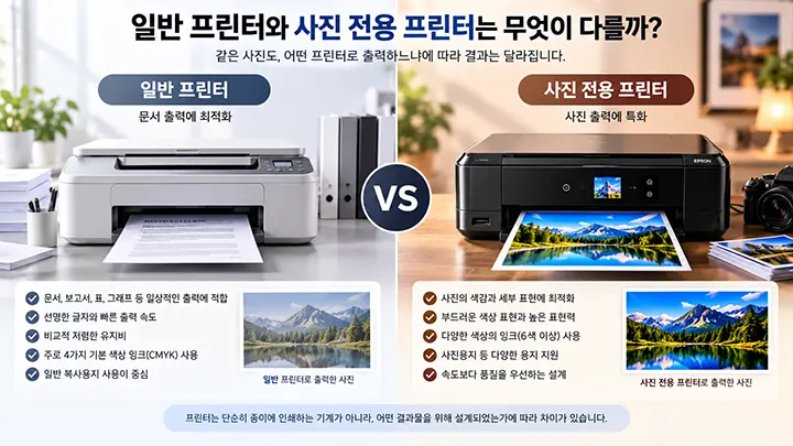 일반 프린터와 사진 전용 프린터의 문서 출력 및 사진 인쇄 품질 차이를 비교한 이미지