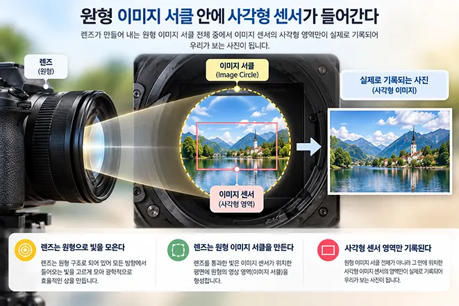 원형 이미지 서클 안에 사각형 이미지 센서가 위치하고 센서 영역만 사진으로 기록되는 원리를 설명하는 이미지