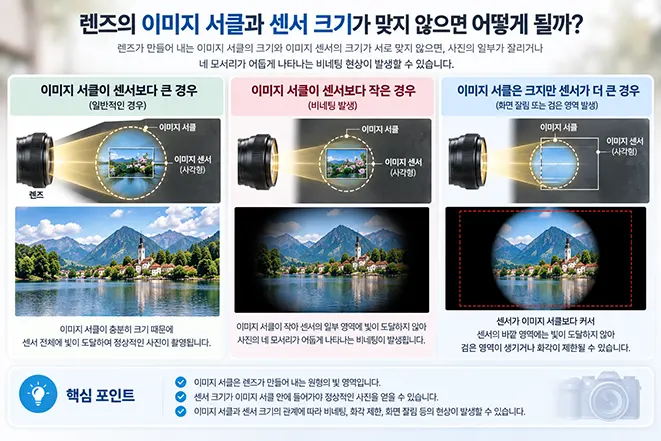 렌즈의 이미지 서클과 이미지 센서 크기에 따라 정상 촬영과 비네팅 및 검은 영역이 발생하는 차이를 설명하는 이미지