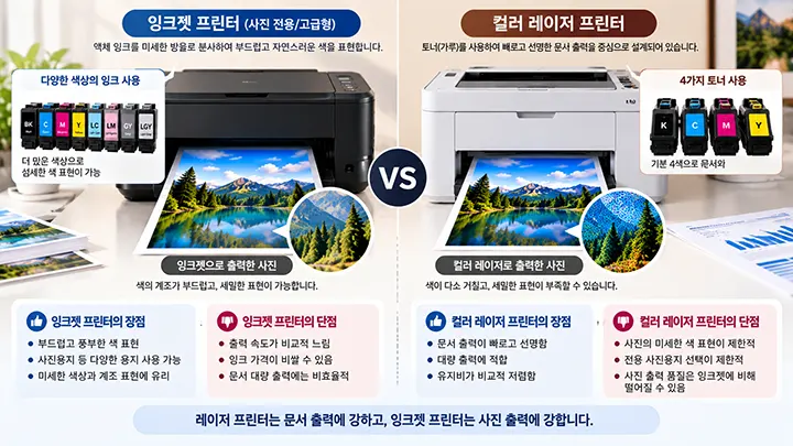 사진 출력용 잉크젯 프린터와 컬러 레이저 프린터의 잉크와 토너, 사진 품질 및 장단점을 비교한 이미지