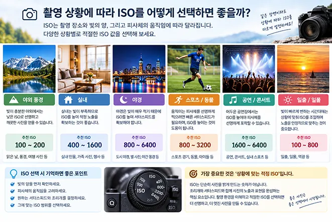 야외 풍경, 실내, 야경, 스포츠, 공연, 일출과 일몰 등 촬영 상황에 따른 권장 ISO 설정을 비교한 이미지