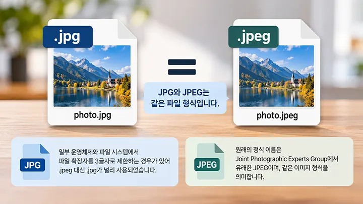 JPG와 JPEG가 확장자 표기만 다르고 같은 이미지 파일 형식임을 설명하는 이미지