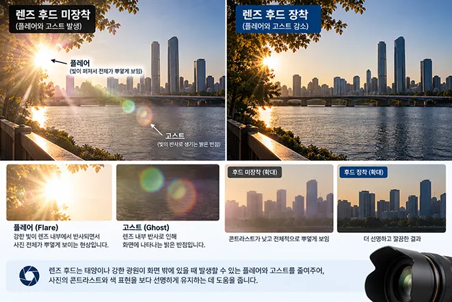렌즈 후드 장착 전후를 비교하여 플레어와 고스트 현상이 감소하는 효과를 설명하는 이미지