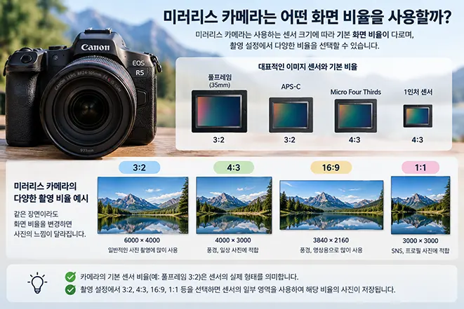 풀프레임과 APS-C의 3대2, Micro Four Thirds와 1인치 센서의 4대3 등 미러리스 카메라 화면 비율을 비교한 이미지