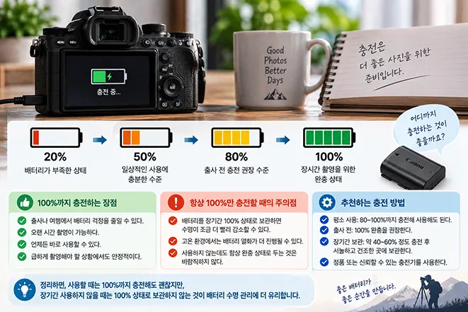 미러리스 카메라 배터리의 20%, 50%, 80%, 100% 충전 단계와 완충 및 장기 보관 방법을 설명하는 이미지