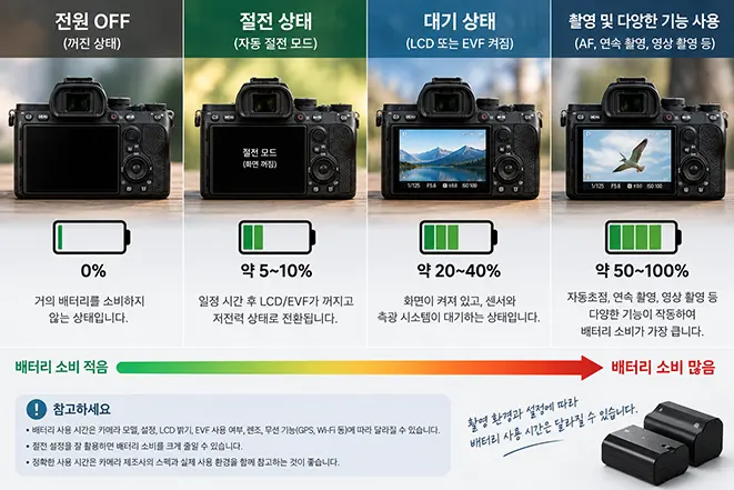미러리스 카메라의 전원 OFF, 절전 상태, 대기 상태, 촬영 상태에 따른 배터리 소비 차이를 비교한 이미지