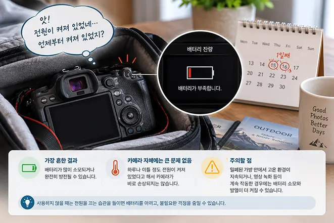 미러리스 카메라 전원을 하루 이상 실수로 켜둔 상태에서 배터리 잔량이 부족해진 상황을 설명하는 이미지