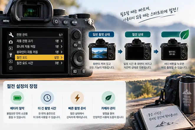 미러리스 카메라의 자동 전원 끄기와 절전 모드 설정 및 배터리 절약 효과를 설명하는 이미지