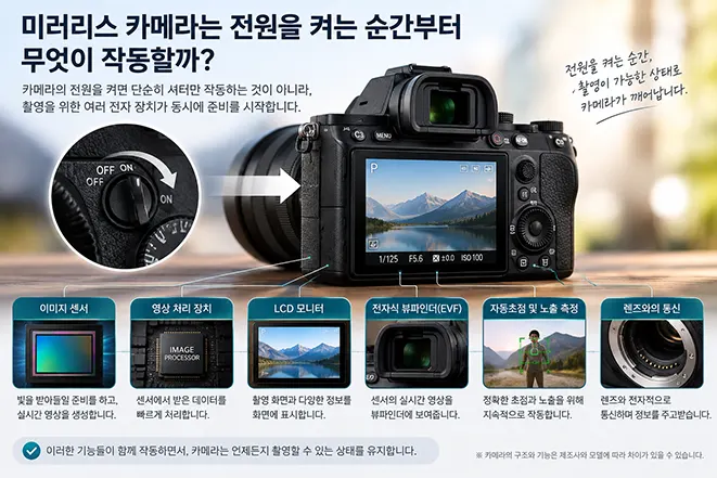 미러리스 카메라 전원을 켰을 때 이미지 센서, 영상 처리 장치, LCD 모니터, EVF, 자동초점과 렌즈 통신이 작동하는 원리를 설명하는 이미지