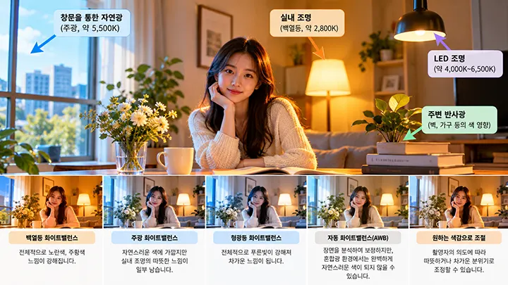 자연광, 백열등, LED 조명이 섞인 환경에서 화이트밸런스 설정에 따른 색감 차이를 비교한 이미지