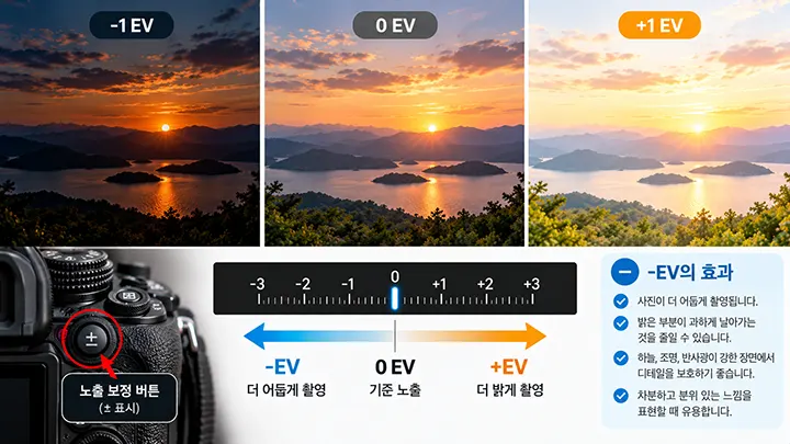 같은 풍경을 -1 EV, 0 EV, +1 EV로 비교하여 -EV 노출 보정에 따른 사진 밝기 변화와 효과를 보여주는 이미지