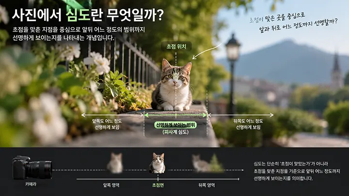 고양이에 초점을 맞춘 사진을 통해 초점 위치와 앞뒤의 선명한 범위인 사진 심도를 설명하는 이미지