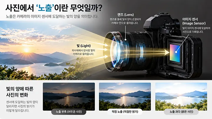 카메라 렌즈를 통과한 빛이 이미지 센서에 도달하는 사진 노출 원리와 노출 부족, 적정 노출, 노출 과다 비교