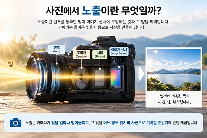 카메라 렌즈를 통과한 빛이 조리개와 셔터를 지나 이미지 센서에 도달하는 사진 노출 원리