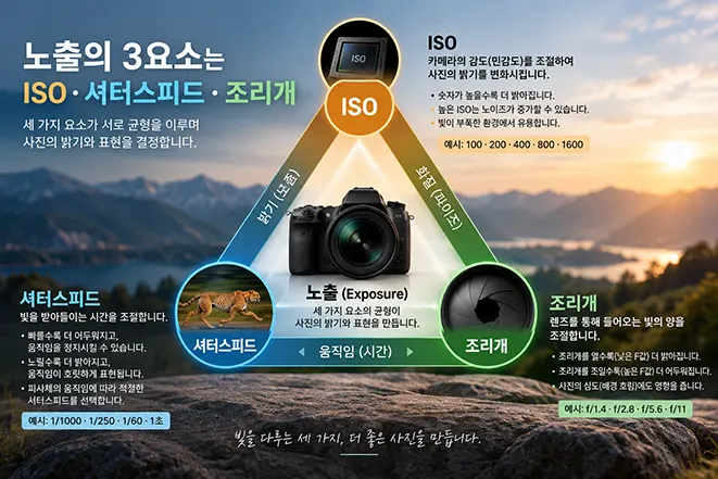 사진 노출의 3요소인 ISO 셔터스피드 조리개의 관계를 삼각형으로 설명한 이미지
