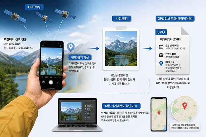 스마트폰으로 사진을 촬영할 때 GPS 위성의 위치정보가 사진 EXIF 메타데이터에 저장되는 과정