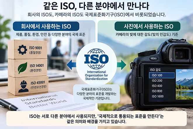 회사에서 사용하는 ISO 국제표준과 사진에서 사용하는 카메라 ISO 감도의 관계를 비교한 이미지