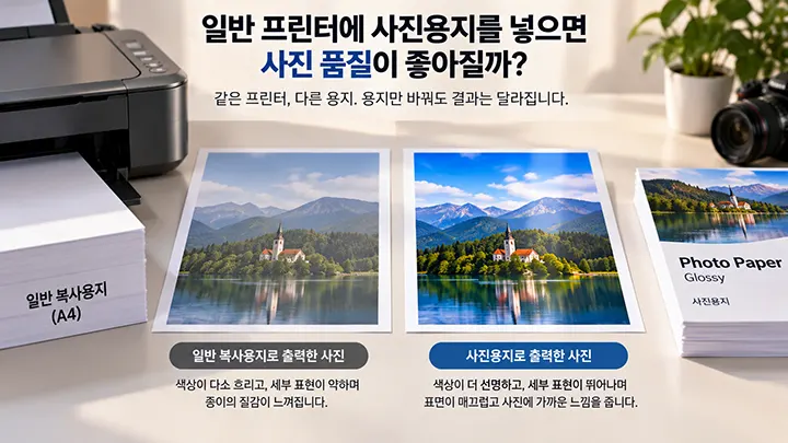 일반 프린터에서 A4 복사용지와 사진용지로 같은 사진을 출력했을 때 사진 품질 차이를 비교한 이미지